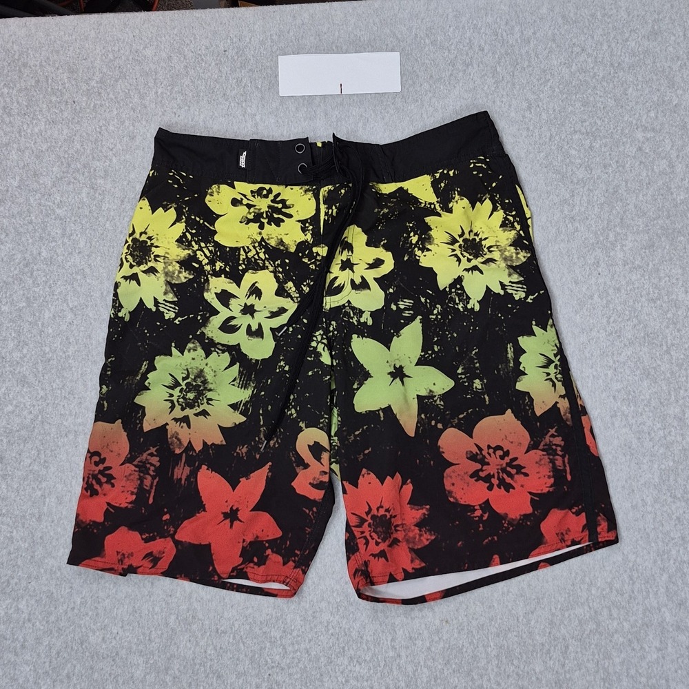No Fear Men Shorts L Black Cargo Swimwear Floral Logo Text Board Shorts‎